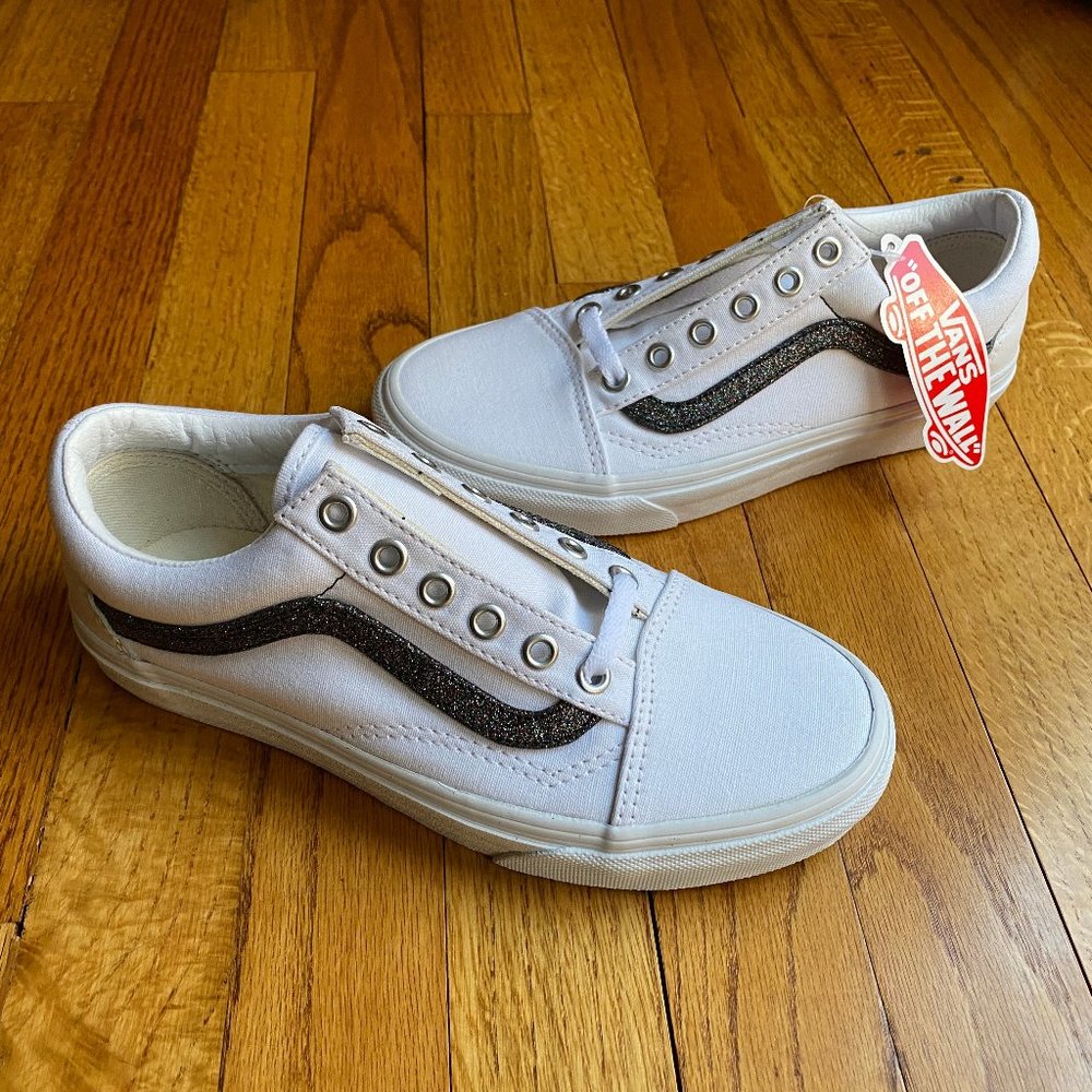 Vans Old Skool Customs - White/Black Glitter stripe